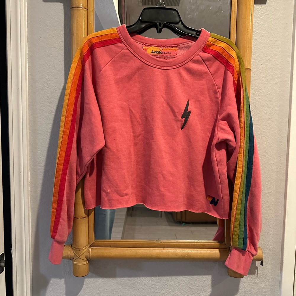 Aviator Nation EUC BOLT EMBROIDERY CLASSIC CROPPED CREW SWEATSHIRT 5 STRIPES - Picture 9 of 13